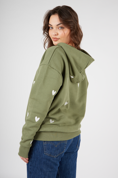 O&F Heart Embroidered Hoodie - Olive