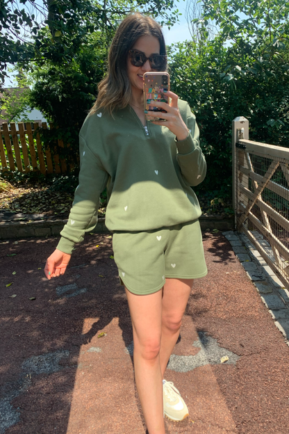 O&F Olive Heart Embroidered Shorts