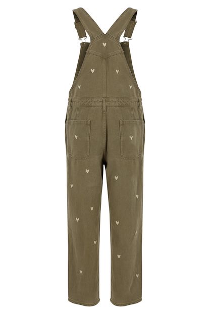 O&F Heart Embroidered Dungarees - Khaki