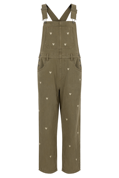 O&F Heart Embroidered Dungarees - Khaki