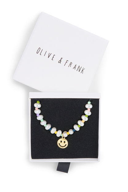 O&F Beaded Happy Face Pendant Necklace