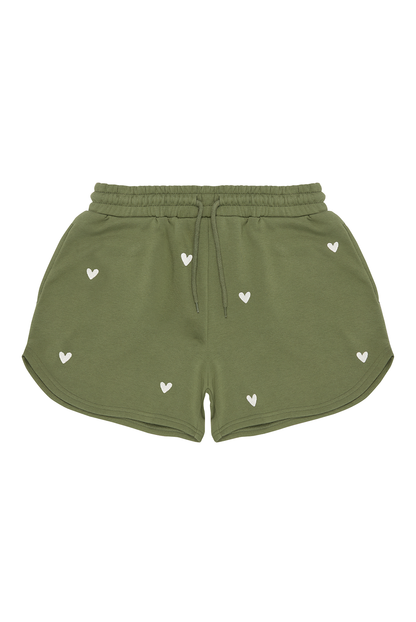 O&F Olive Heart Embroidered Shorts