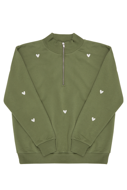 O&F Olive Heart Embroidered Quarter Zip Sweatshirt