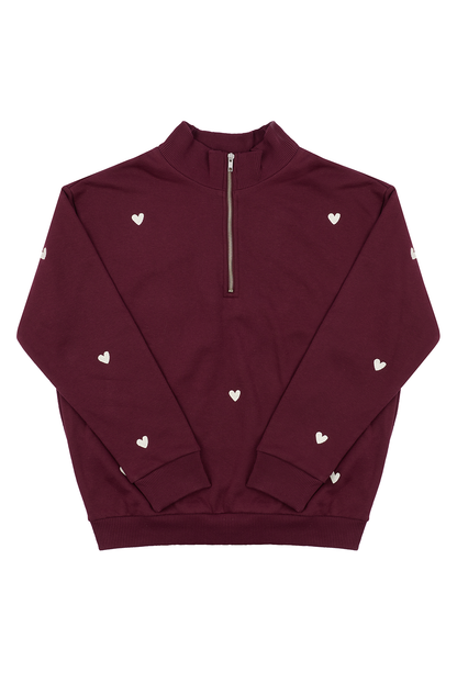 O&F Burgundy Heart Embroidered Quarter Zip Sweatshirt