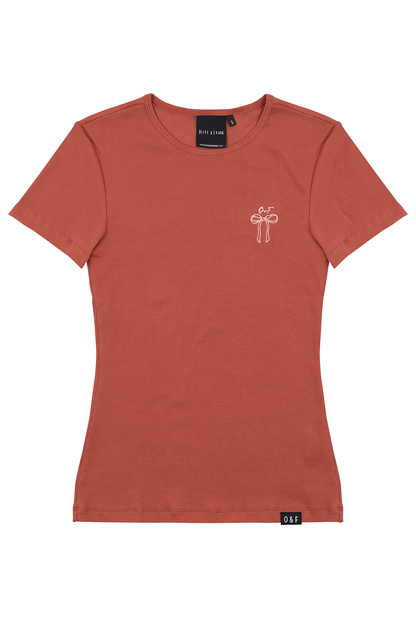 O&F Bow Embroidered Rib Tee - Rust