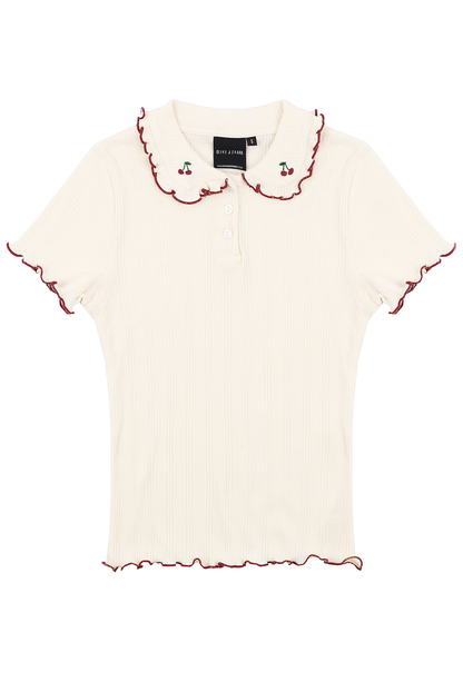O&F Cherry Collar Polo Top - Cream