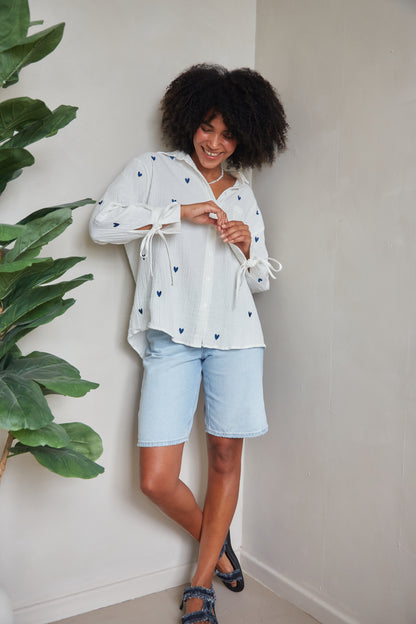 Heart Embroidered Oversized Shirt