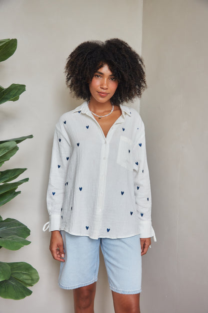 Heart Embroidered Oversized Shirt