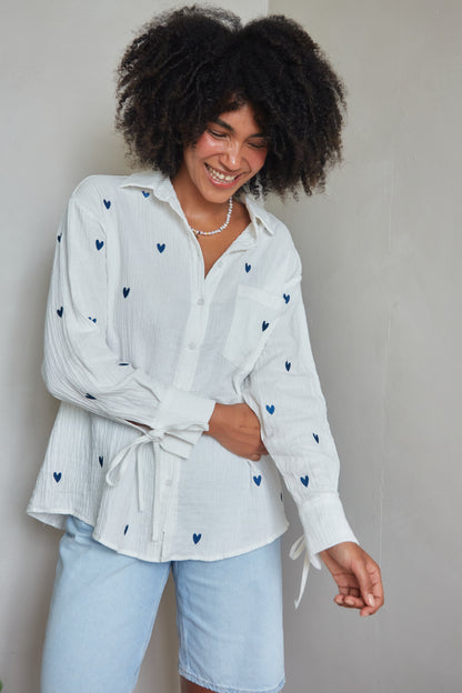 Heart Embroidered Oversized Shirt