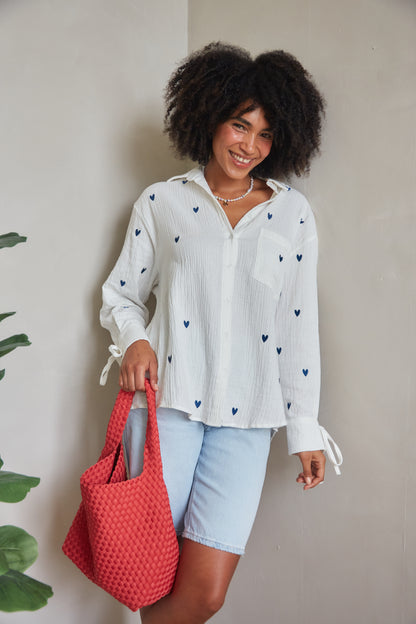 Heart Embroidered Oversized Shirt