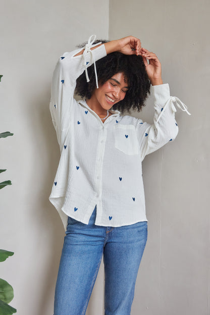 Heart Embroidered Oversized Shirt