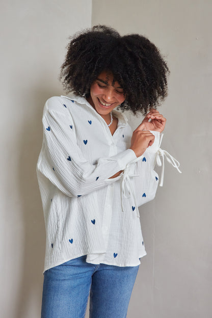 Heart Embroidered Oversized Shirt