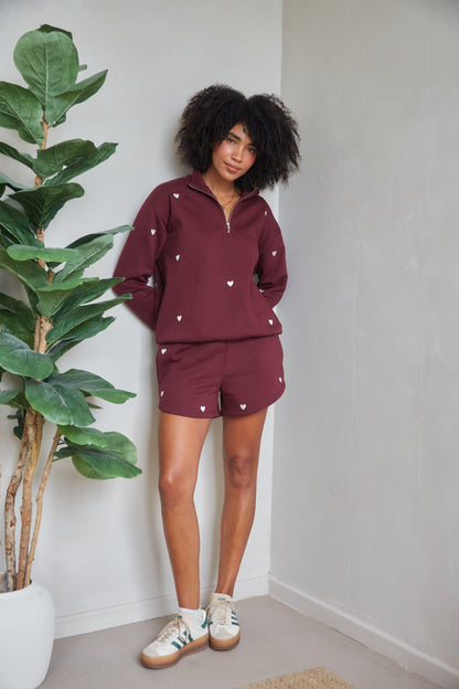 O&F Burgundy Heart Embroidered Shorts