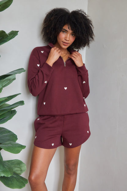 O&F Burgundy Heart Embroidered Quarter Zip Sweatshirt