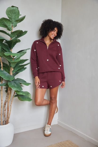 O&F Burgundy Heart Embroidered Shorts