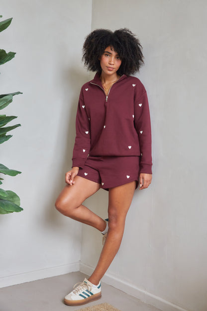 O&F Burgundy Heart Embroidered Quarter Zip Sweatshirt