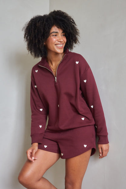 O&F Burgundy Heart Embroidered Quarter Zip Sweatshirt