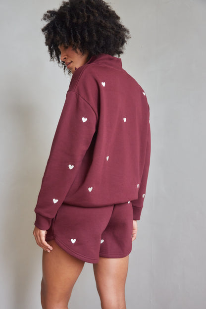 O&F Burgundy Heart Embroidered Quarter Zip Sweatshirt