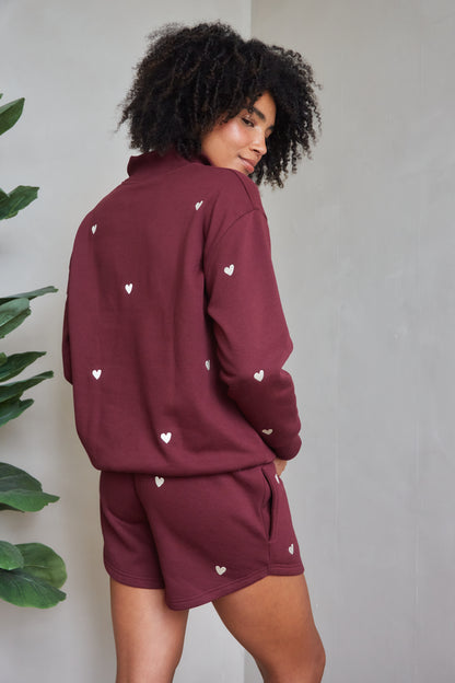 O&F Burgundy Heart Embroidered Quarter Zip Sweatshirt