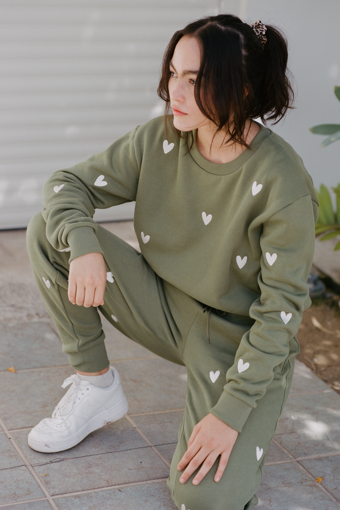 O&F Heart Embroidered Sweatshirt - Olive