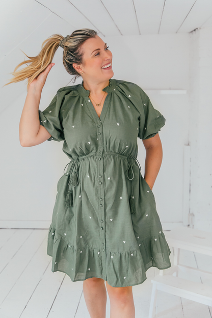 Pamela - Khaki Heart Embroidered Dress