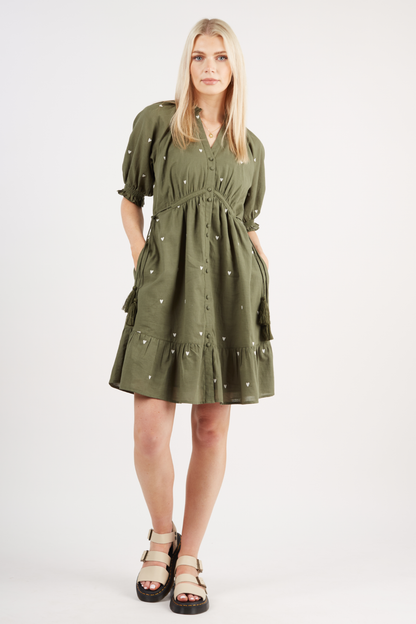 Pamela - Khaki Heart Embroidered Dress