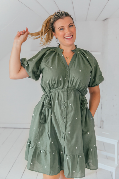 Pamela - Khaki Heart Embroidered Dress