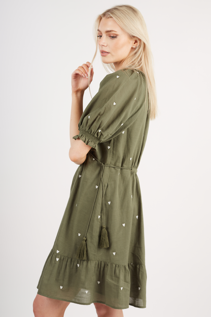 Pamela - Khaki Heart Embroidered Dress