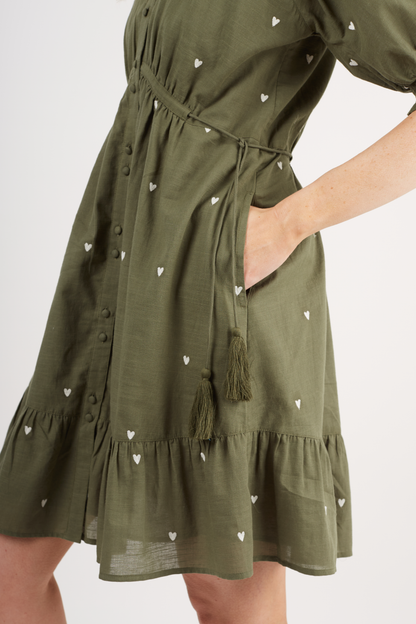Pamela - Khaki Heart Embroidered Dress