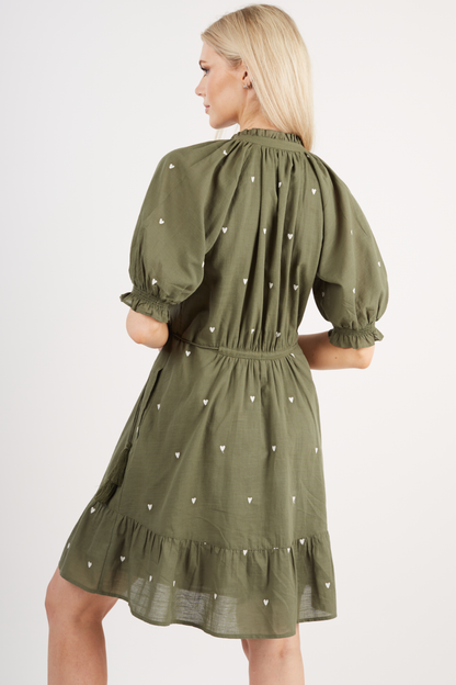 Pamela - Khaki Heart Embroidered Dress