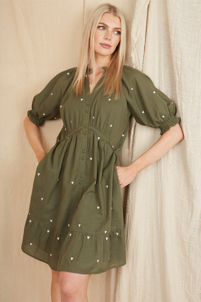 Pamela - Khaki Heart Embroidered Dress