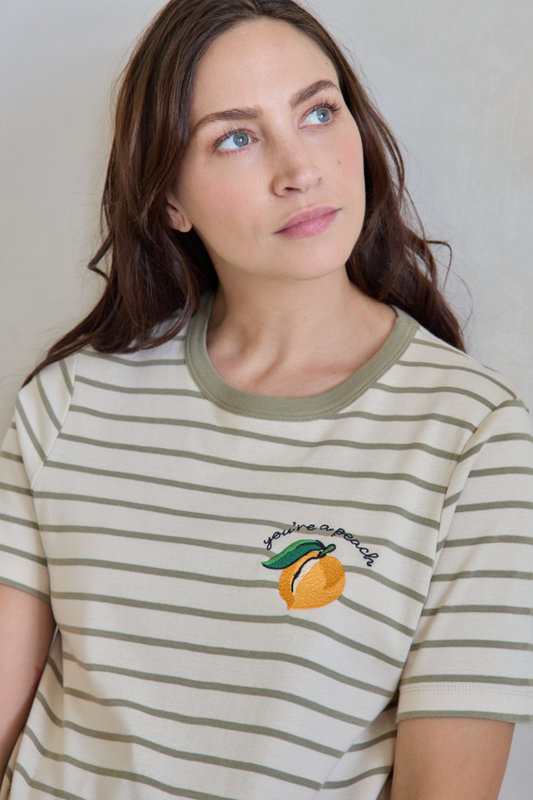 O&F You're a Peach Embroidered Short Sleeve Breton Tee