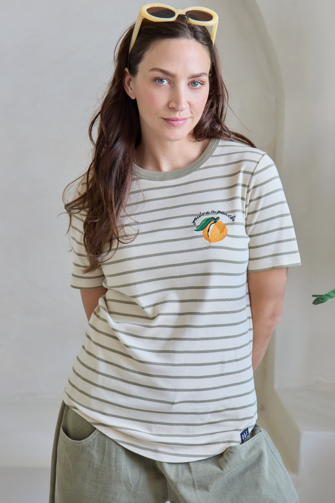 O&F You're a Peach Embroidered Short Sleeve Breton Tee