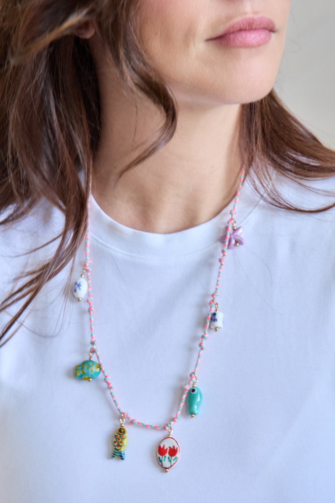 O&F Beaded Charm Cord Necklace - Pink