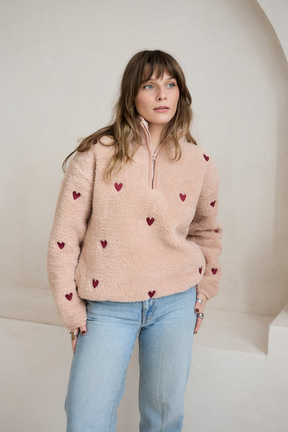 O&F Pink Heart Embroidered Borg Fleece