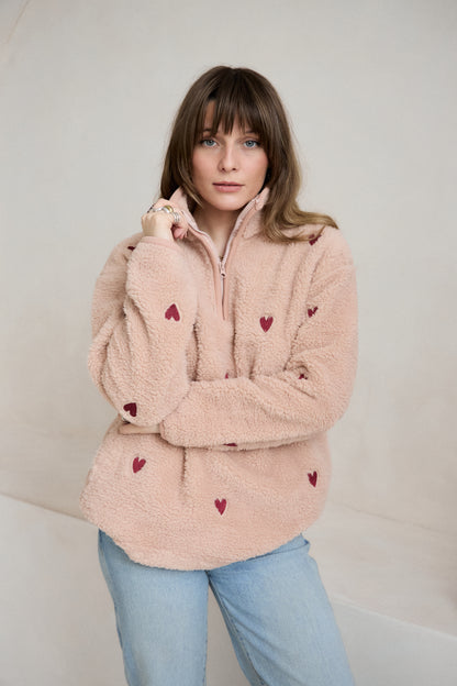 O&F Pink Heart Embroidered Borg Fleece
