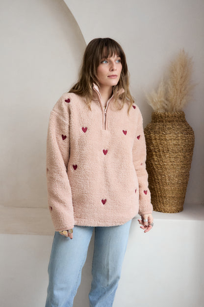 O&F Pink Heart Embroidered Borg Fleece