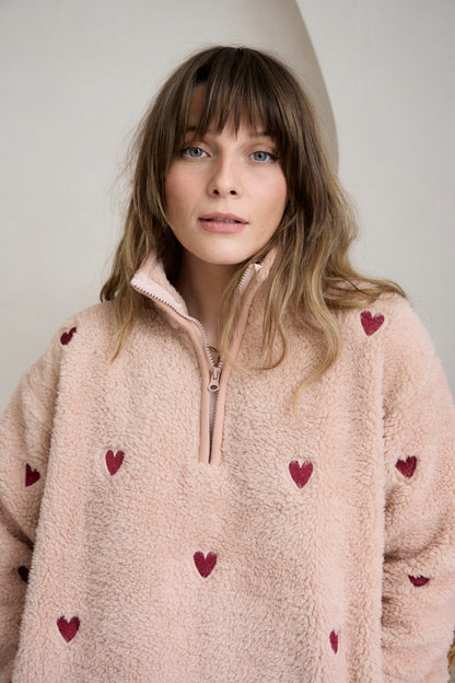 O&F Pink Heart Embroidered Borg Fleece