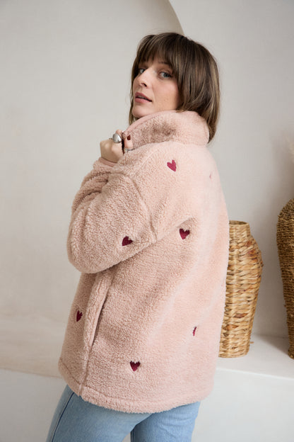 O&F Pink Heart Embroidered Borg Fleece