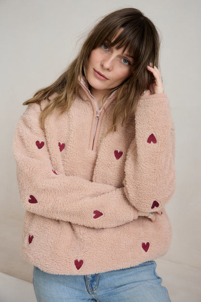 O&F Pink Heart Embroidered Borg Fleece