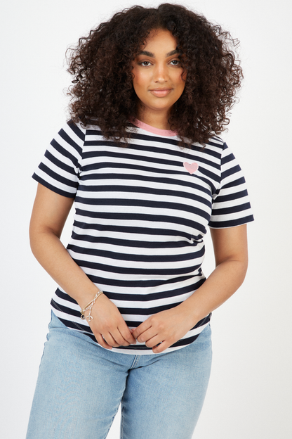 O&F Heart Embroidered Short Sleeve Breton Tee - Navy