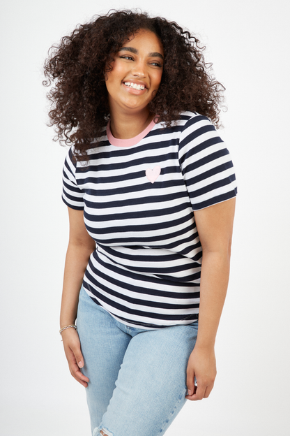 O&F Heart Embroidered Short Sleeve Breton Tee - Navy