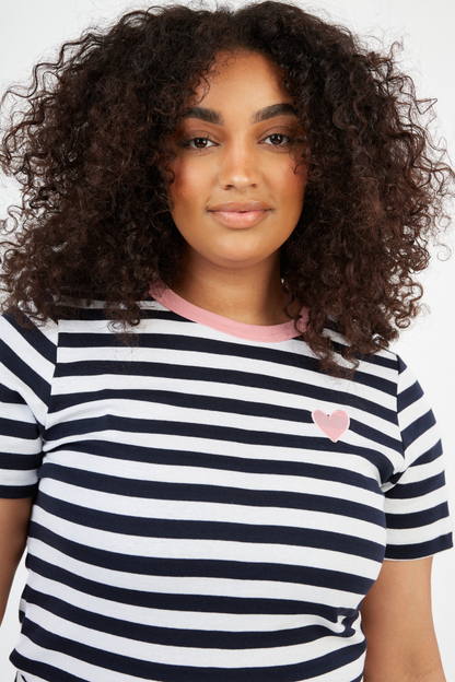 O&F Heart Embroidered Short Sleeve Breton Tee - Navy