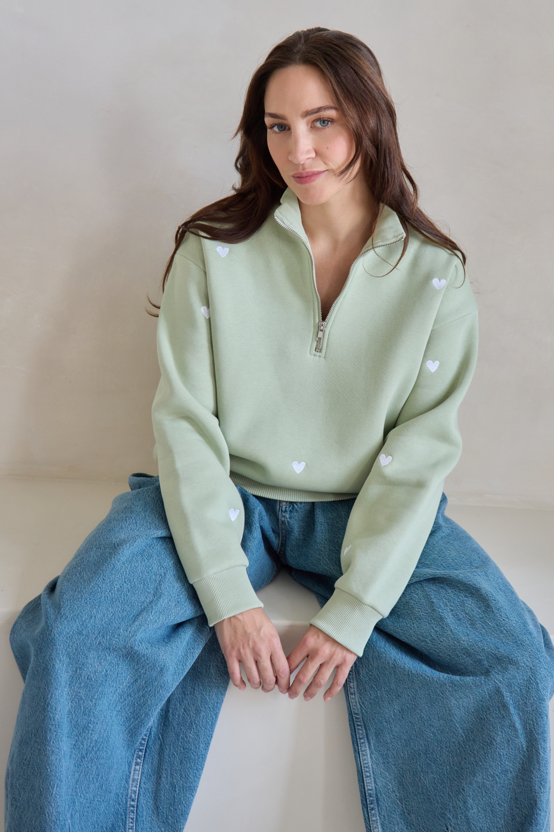 O&F Sage Heart Embroidered Quarter Zip Sweatshirt