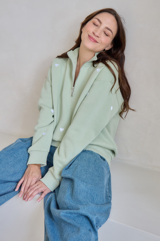 O&F Sage Heart Embroidered Quarter Zip Sweatshirt