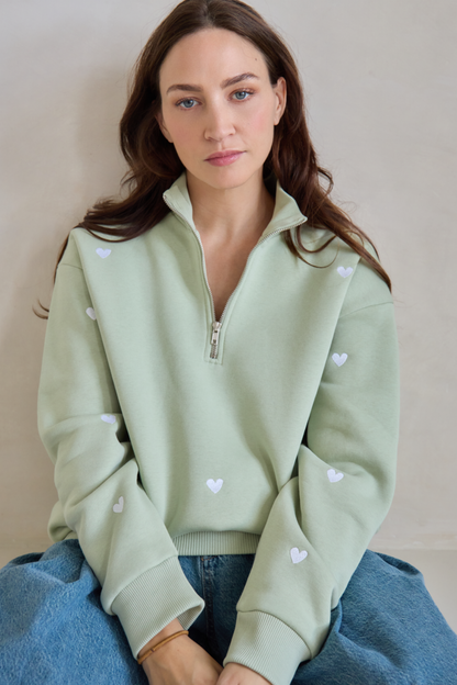 O&F Sage Heart Embroidered Quarter Zip Sweatshirt