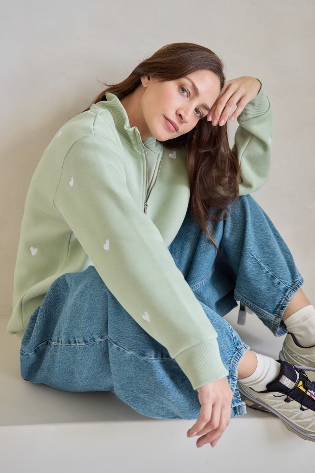 O&F Sage Heart Embroidered Quarter Zip Sweatshirt