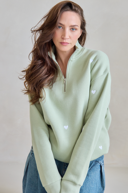 O&F Sage Heart Embroidered Quarter Zip Sweatshirt