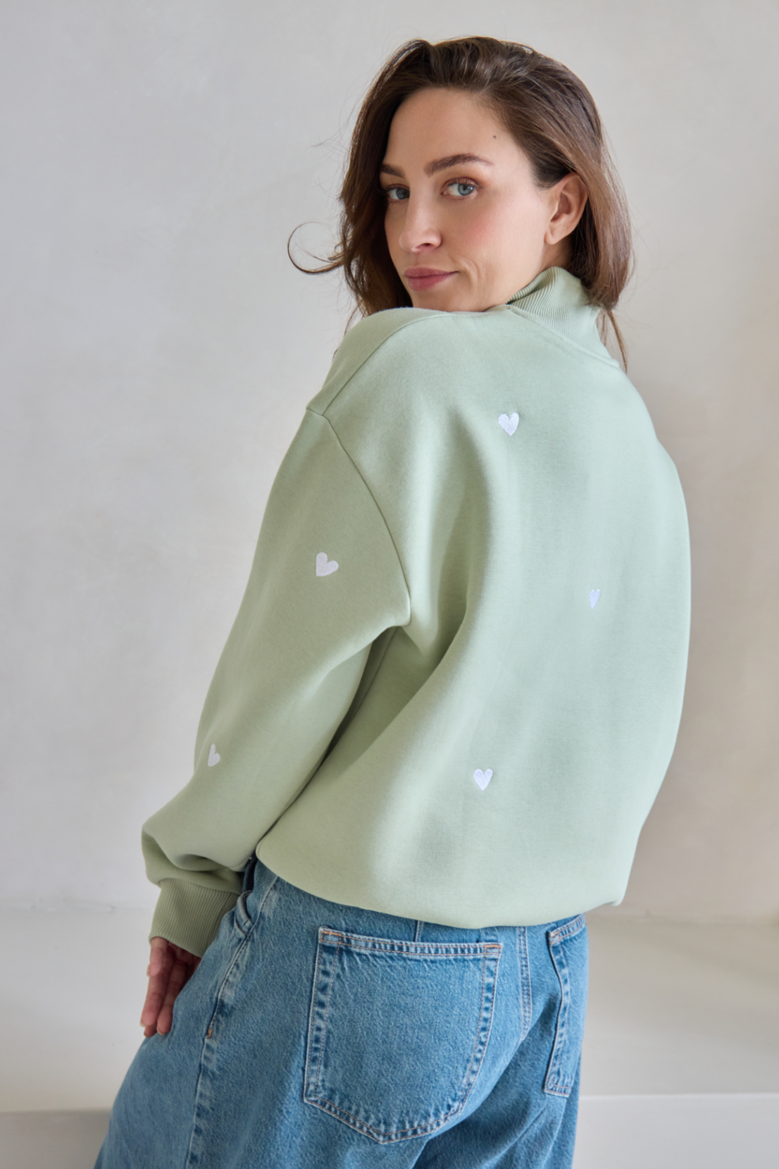 O&F Sage Heart Embroidered Quarter Zip Sweatshirt