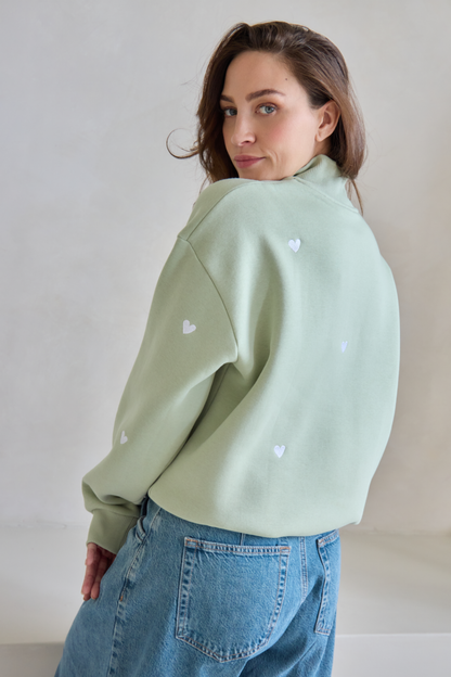 O&F Sage Heart Embroidered Quarter Zip Sweatshirt